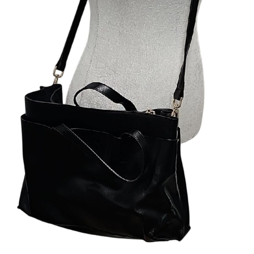 Co-Lab Women's 100% Leather Sleek Black Double Handle Crossbody Bag 13"x 10"x 5"